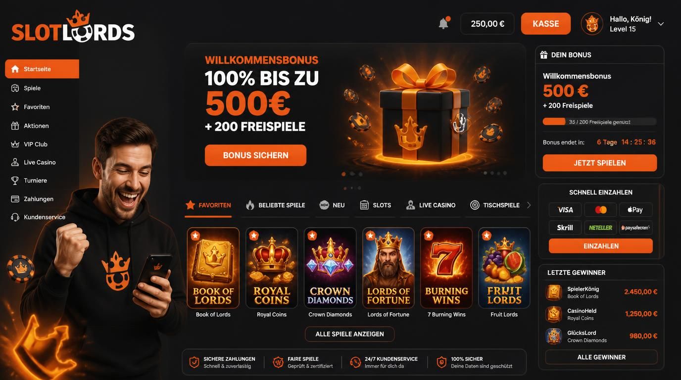 Ein Nutzer mit Handy und sichtbarer Spieleauswahl und Bonusanzeigen.