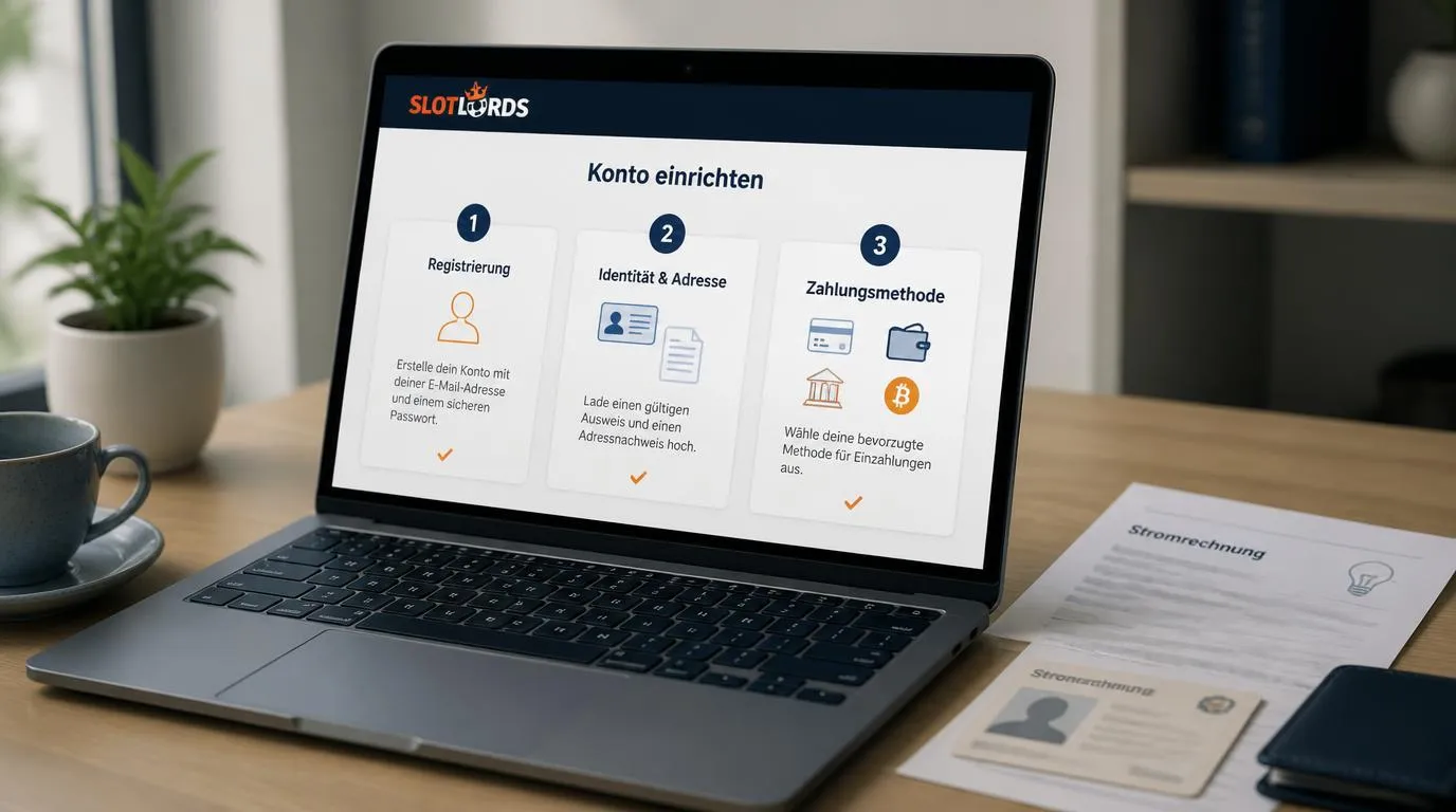 Laptop mit Registrierungsformular, Ausweisprüfung und sicheren Einzahlungsoptionen