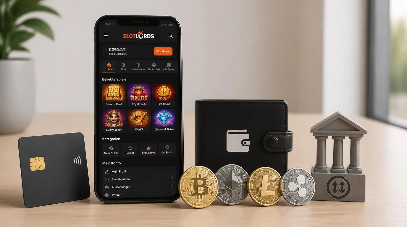 Smartphone mit Casino-Oberfläche neben Karten, E-Wallet-Symbol und Kryptowährungs-Icons