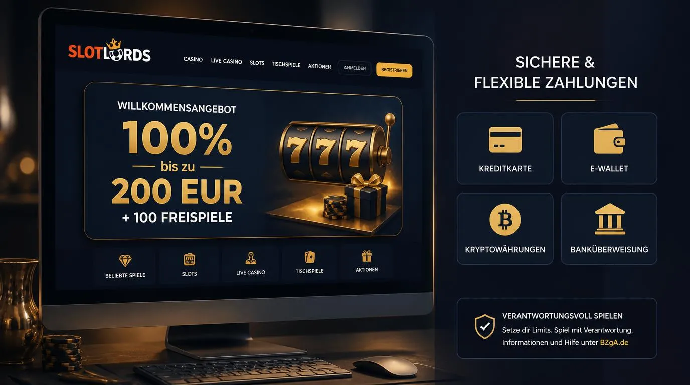 Casino-Oberfläche mit Willkommensangebot und Symbolen für Karten, E-Wallets, Kryptowährungen und Banküberweisung