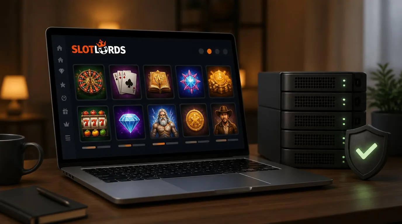 Casino-Plattform auf einem Laptop mit Spielkacheln und Symbolen für stabile Technik